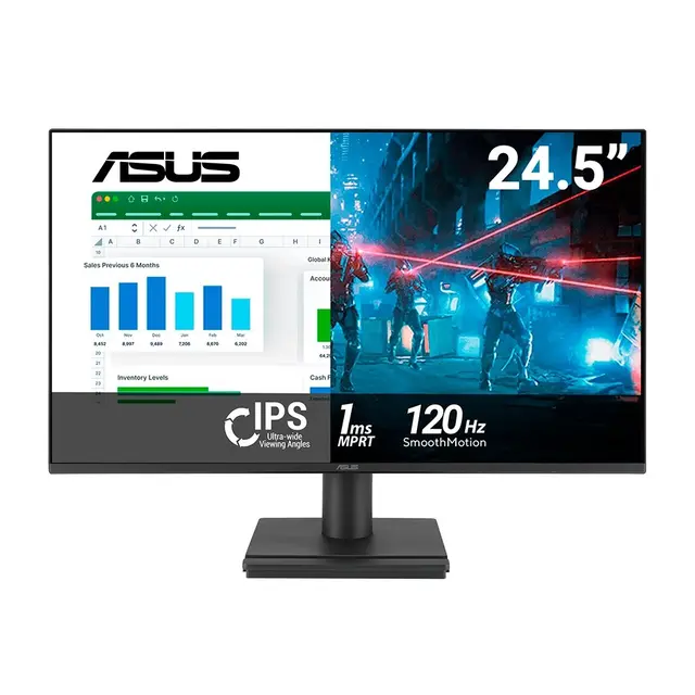 Monitor Gamer ASUS 24.5", Full HD, 120Hz, 1ms, IPS, Adaptive-Sync, HDMI e VGA, Som Integrado, Console Ready - VA259HGA
